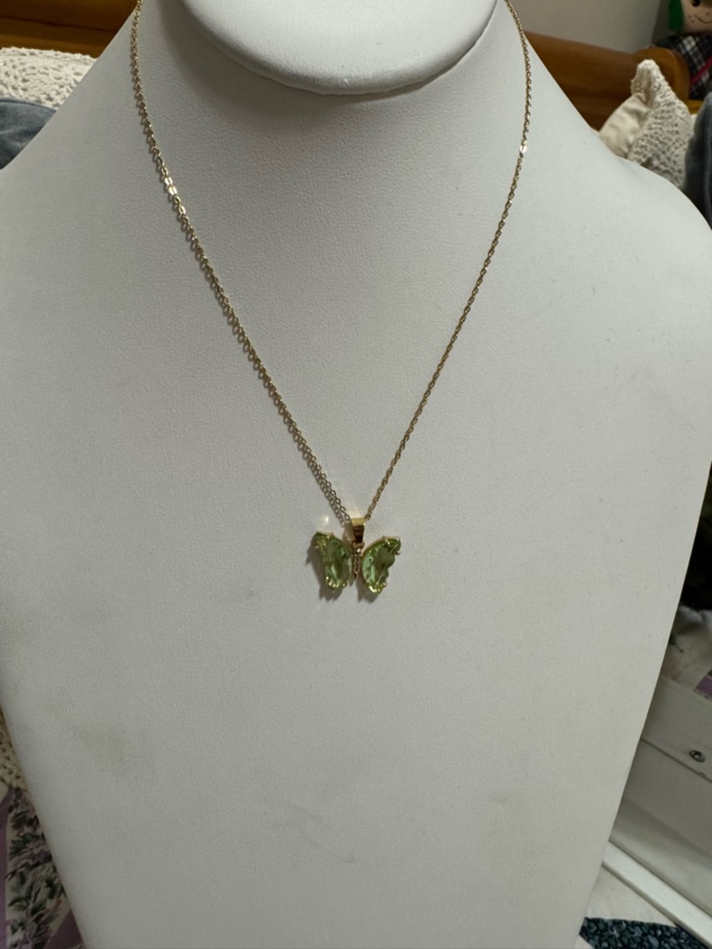 Woman Fashion Gold Butterfly Necklace Light Green Gem Accents